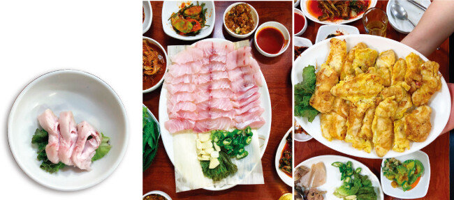 민어 맛의 하이라이트인 부레, 숙성이 잘돼 핑크빛이 도는 민어회, 다디단 맛이 나는 민어전. (왼쪽부터)
