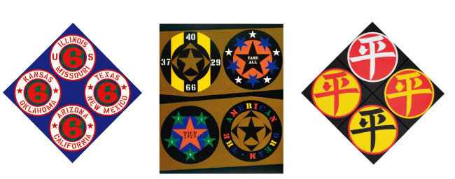  로버트 인디애나의 회화 작품들. US 66 (STATE) · 2002, THE AMERICAN DREAM   · 1961, FOUR DIAMOND PING  ·  2003(왼쪽부터) [ⓒ2018 MORGAN ART FOUNDATION]