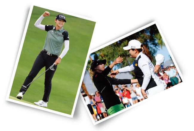 8월 20일 LPGA투어 ‘인디 위민 인 테크 챔피언십’ 마지막 날 연장전에서 우승한 박성현(왼쪽). ANA 인스퍼레이션 연장전에서 박인비가 혈투 끝에 우승을 차지한 페르닐라 린드베리에게 축하인사를 하고 있다. [AP=뉴시스, 사진 제공 · LPGA]