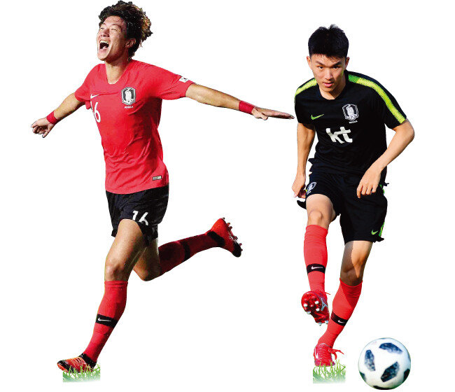 이번 아시아경기 축구에서 총 9골을 넣어 우승의 주역이 된 황의조.(왼쪽) 한국 축구대표팀의 허리 역할을 확실히 해준 황인범. [동아DB]