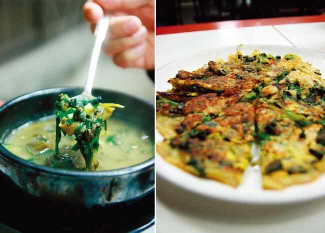 구수한 감칠맛이 좋은 다슬기 해장국. (왼쪽) 다슬기가 듬뿍 들어간 부침개도 별미다.
