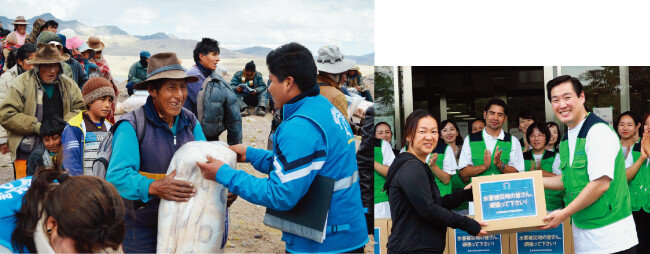 8월 페루 하나님의 교회 신자들은 한파 피해민을 위한 자선연주회를 개최해 모은 기금으로 따뜻한 이불과 겨울 외투를 마련해 한파 피해민들에게 전달했다(왼쪽). 지난 여름 하나님의 교회 일본 신자들은 폭우 피해가 가장 심했던 구라시키 마비쵸 재해대피소를 찾아 피해민들에게 구호품을 전달했다.