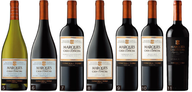까사 콘차 샤르도네, 까사 콘차 피노 누아, 까사 콘차 카베르네 소비뇽, 까사 콘차 시라
, 까사 콘차 카르메네르, 까사 콘차 메를로, 까사 콘차 블랙 타이 (왼쪽부터) [사진 제공 · ㈜금양인터내셔날]