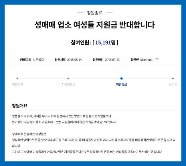 청와대 국민청원 및 제안 게시판에 올라온 옐로하우스 성매매 여성 자활 지원금 반대 청원. [청와대 청원 게시판 캡처]