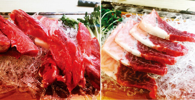 참치 머리에서 발라낸 살은 쇠고기 같다. (왼쪽) 턱 쪽의 가마살은 머리의 쫄깃함과 배 쪽의 고소함을 함께 맛볼 수 있다. [사진 제공·김민경]