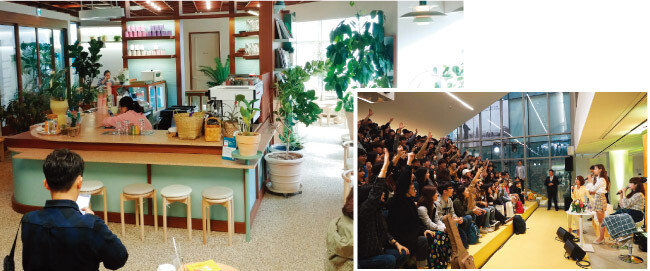 KEB하나은행의 컬처뱅크 3호점으로 ‘도심 속 자연 아틀리에’를 표방하는 잠실레이크팰리스지점(왼쪽). 서울 마포구 홍대거리에 자리한 KB국민은행의 ‘청춘마루’에서는 다양한 공연과 강연이 펼쳐진다. [사진 제공 · KB국민은행]