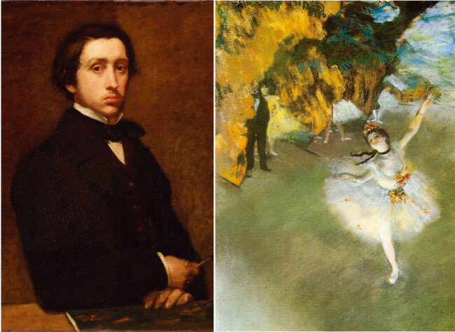 에드가 드가의 ‘별’(L’Etoile·1877·오른쪽). 무대 뒤로 검은 턱시도의 남성이 어른거린다. 왼쪽은 드가의 ‘자화상’(1863). [www.edgar-degas.net, 위키피디아]
