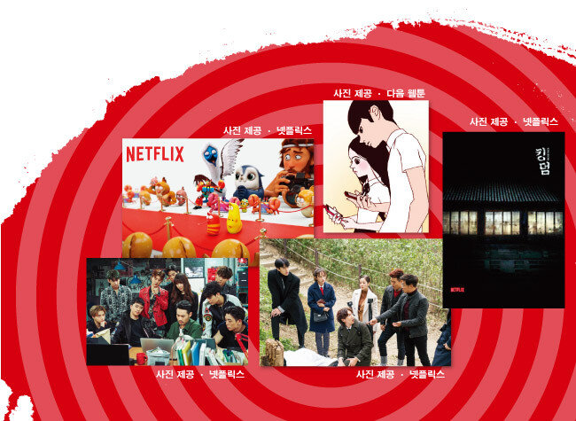 넷플릭스가 오리지널 콘텐츠로 제작했거나 제작 중인 국내 콘텐츠들. ‘라바 아일랜드’, 드라마로 제작되는 다음 웹툰 ‘좋아하면 울리는’, 드라마 ‘킹덤’ 포스터, ‘범인은 바로 너!’ ‘YG전자’(왼쪽 위부터 시계 방향으로).