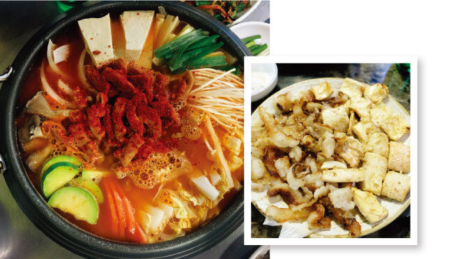 얼큰하게 먹는 곱창전골(왼쪽). 깨끗하게 손질해 구운 양깃머리구이.
