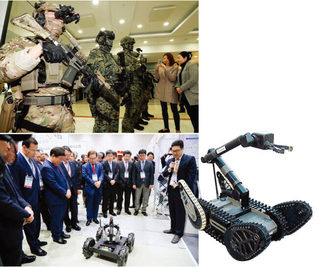 3월 12일 서울 국회 의원회관 로비에서 열린 ‘워리어 플랫폼’ 전시회.(위) 지난해 11월 3일 경북 구미시 구미코에서 열린 ‘국방 ICT융합 산학관군 협력대전’ 모습. (아래) 폭발물 
탐지로봇.