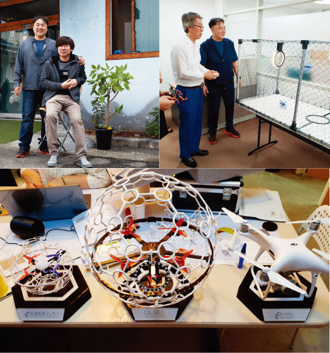 황용구(왼쪽), 주수복 디랩스 대표, 경북도에서 드론축구를 시연하는 모습(오른쪽 사진), 드론축구에 사용되는 드론과 보호망. (아래) [홍중식 기자, 사진 제공 · 디랩스]