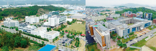 경북 구미시 산동면 구미국가산업 4단지에 자리한 구미전자정보기술원 본원(왼쪽)과 구미국가산업 1단지와 인접한 분원. 디스플레이 핵심부품 국산화지원센터, IT의료융합기술센터, 웨어러블 스마트 디바이스 상용화지원센터 등을 갖춘 구미전자정보기술원의 연면적은 축구장 9개 크기에 달한다. [사진 제공 · 구미전자정보기술원]