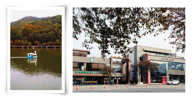 구미 금오지 오리배와 주변 카페거리. [박해윤 기자]