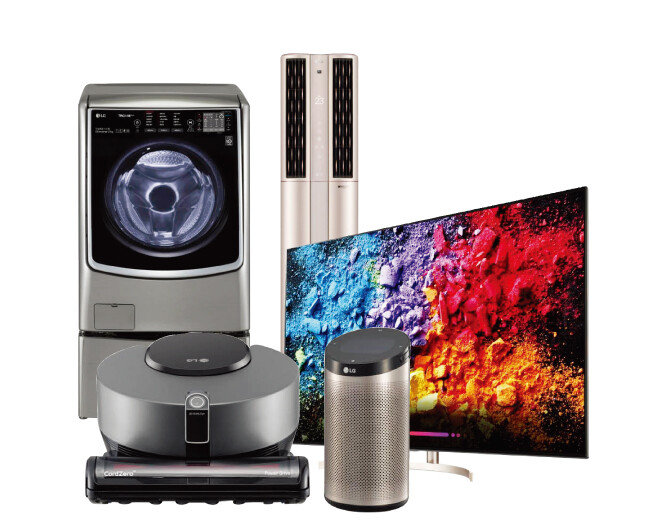 인공지능 기술이 장착된 LG전자의 LG 씽큐 라인업. LG 트롬 씽큐 드럼세탁기, LG 휘센 씽큐 에어컨, LG 올레드 TV AI 씽큐, LG 씽큐 허브, LG 코드제로 R9 씽큐(왼쪽부터 시계 방향으로). [사진 제공 · LG전자]