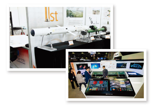 ㈜한화의 소형무장헬기(LAH) 공대지유도탄인 ‘천검’(위)과 한화시스템의 드론봇시스템. [사진 제공 · ㈜한화]