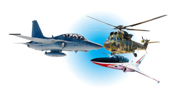 KAI가 개발한 FA-50, 수리온, T-50, (왼쪽부터 시계 방향으로). 