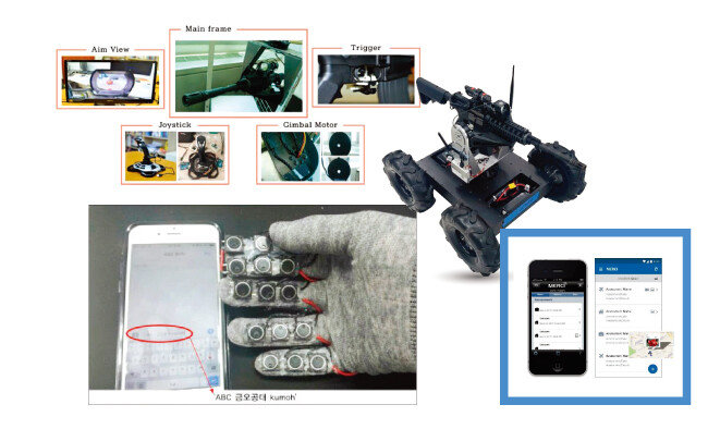 금오공대 ICT융합특성화연구센터가 개발 중인 국방기술들.무선총기제어시스템, 키패드장갑, 재난상황 데이터 수집 애플리케이션 MERCI, 원격 조정 전투로봇. (위에서부터 시계 반대 방향순) [사진 제공 · 금오공대]