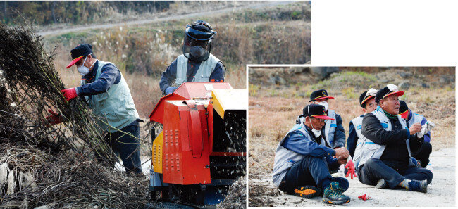산불 인화물질 제거반원들이 깻단 등 인화물질을 파쇄하고 있다. [박해윤 기자] 