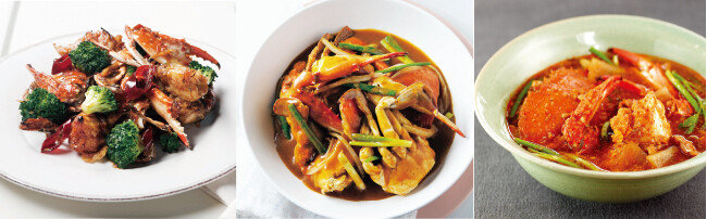 꽃게카레, 매운 꽃게볶음, 쉽게 맛 내기 좋은 꽃게찌개. (왼쪽부터) [사진 제공·김민경]