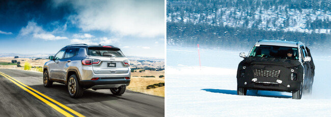 미국, 중국 등을 중심으로 대형 SUV 판매가 늘고 있다. FCA의 지프(Jeep  ·  왼쪽)와 11월 말 정식 공개되는 현대자동차 ‘팰리세이드’. [뉴스1, AP]