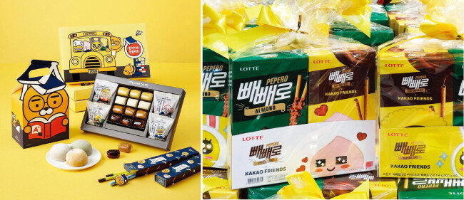 SPC삼립 ‘빚은’의 ‘떡하니 합격 선물세트’(왼쪽), 롯데제과의 카카오
프렌즈 한정판 빼빼로. [카카오프렌즈 공식 인스타그램, 뉴시스]
