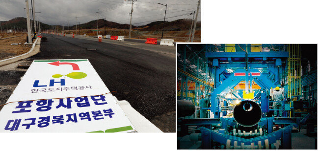 포스코 및 포항철강산업단지와 15km가량 떨어진 지역에 조성 중인 포항블루밸리국가산업단지 현장. 내년 3월 1구역 준공을 앞뒀지만 입주할 기업을 구하지 못하고 있다(위). 세아제강이 주로 미국에 수출하는 유정용 강관. 유정용 강관은 미국의 철강 보호무역주의 강화로 큰 타격을 입은 대표적 철강 품목이다. [박해윤 기자, 뉴스1]
