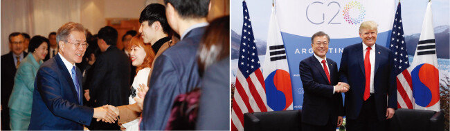 11월 28일(현지시각) 문재인 대통령이 체코 기업인 및 동포들과 간담회를 갖고 있다(왼쪽). 문재인 대통령과 도널드 트럼프 미국 대통령이 11월 30일(현지시각) 아르헨티나 부에노스아이레스 코스타 살게로 센터에서 만나 기념촬영을 하고 있다. [원대연 동아일보 기자]