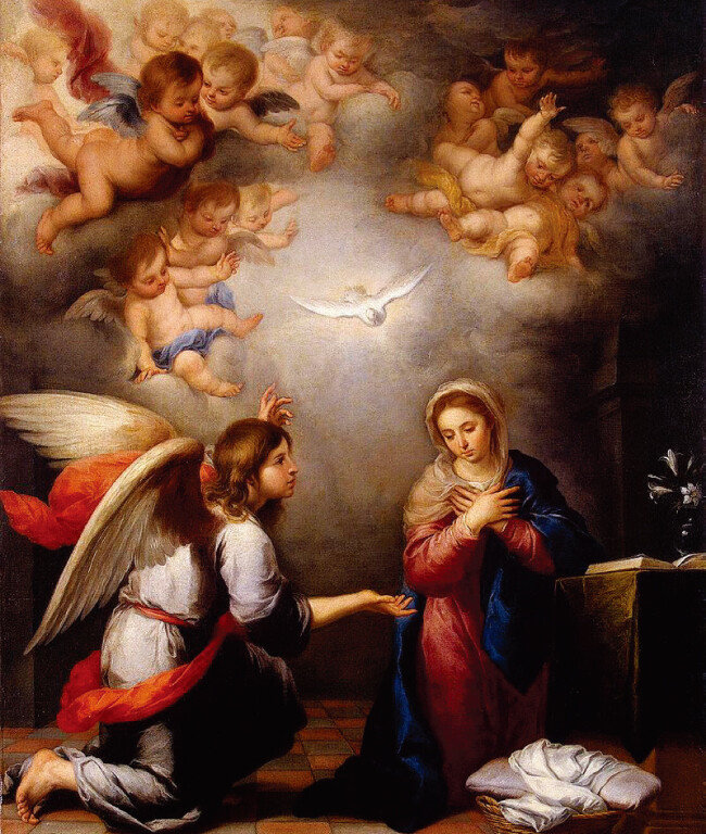 스페인 화가 무리요의 ‘수태고지(1655)’. 천사 가브리엘이 마리아에게 성령으로 예수를 잉태했음을 알리고 있다. [위키미디어]