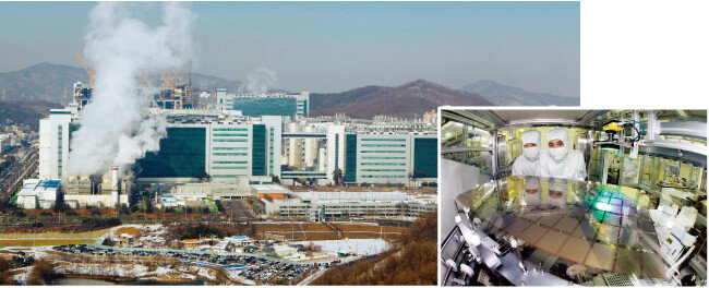 충남 아산시 탕정면의 삼성디스플레이 공장. 충남은 삼성디스플레이를 중심으로 국내 디스플레이 생산의 절반을 담당하고 있다(왼쪽). 삼성디스플레이 아산 탕정 공장에서 직원들이 작업하고 있다. [박해윤 기자, 제공·삼성디스플레이]