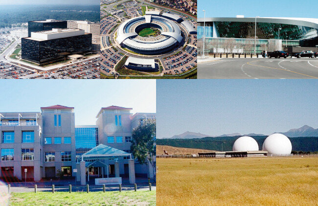 미국 국가안전보장국(NSA), 영국 정보통신본부(GCHQ), 캐나다 통신안보위원회(CSEC), 뉴질랜드 정부통신보안국(GCSB), 호주 비밀정보국(ASIS)(시계방향순) [NSA, 영국 국방부, CSEC, 위키피디아]