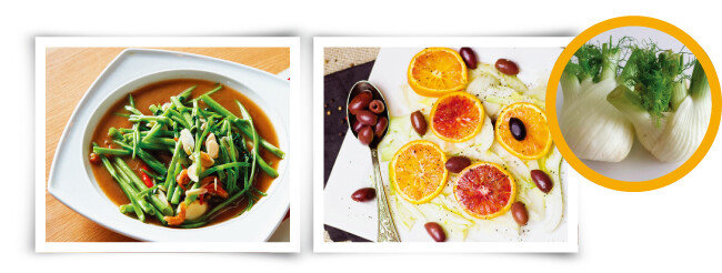 공심채볶음, 펜넬(원 안)과 펜넬 샐러드. (왼쪽부터) [사진 제공·김민경]