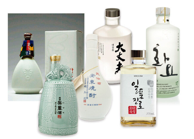 감홍로, 이강주, 안동소주, 대장부, 일품진로, 화요(왼쪽부터). [동아DB, shutterstock, 동아DB, shutterstock]