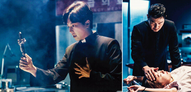 OCN 드라마 ‘프리스트’에서 오수민 신부(연우진 분 · 왼쪽)와 문기선 신부(박용우 분 )는 구마 의식을 거행하며 악마
와 사투를 벌인다. [사진 제공 · OCN]
