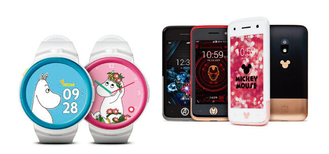 키즈폰은 스피커로 대화를 나눌 수 있는 손목시계형과 일반 스마트폰을 아이들 손 크기에 맞춘 미니폰형 두 종류로 나뉜다. 사진은 KT 무민키즈폰(왼쪽)과 SK텔레콤 제품들. [KT 홈페이지 캡처,  tworld 홈페이지 캡처]