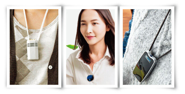 목에 거는 휴대용 공기청정기도 등장했다. 음이온을 발생시켜 미세먼지를 흡착하면서 밀어내 반경 1m 이내 공기를 쾌적하게 만들어준다고 광고한다. [각 판매처 홈페이지 캡처]