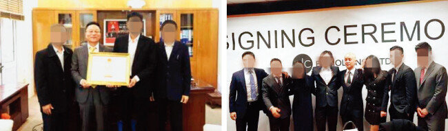 유인석 전 유리홀딩스 대표의 아버지 유명호 프라임그룹 대표(왼쪽에서 두 번째). BC홀딩스 조인식에 참석한 류재욱 네모파트너즈 대표와 유인석(왼쪽부터). 왼쪽에서 다섯 번째가 승리다. [헬로 베트남 캡처, 승리 인스타그램 캡처]