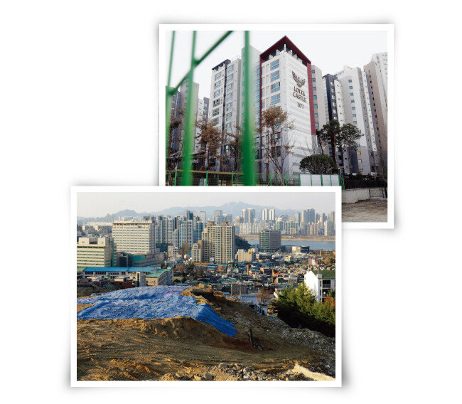 지난해 11월 입주를 개시한 흑석뉴타운 롯데캐슬에듀포레(위)와 한창 철거 공사 중인 흑석뉴타운 3구역 재개발 현장. [박해윤 기자]