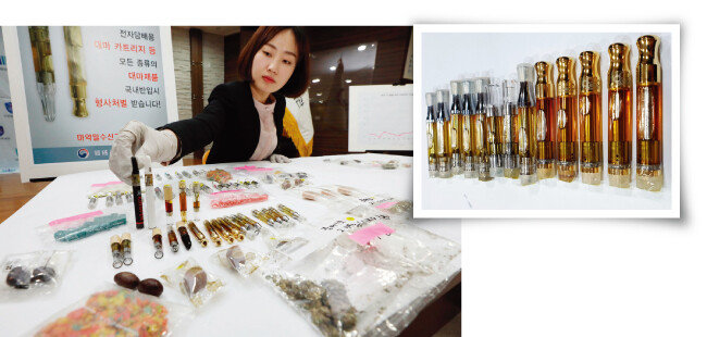 인천세관이 압수한 다양한 종류의 대마초(왼쪽)와 대마초의 마약 성분을 농축해 만든 해시시. 전자담배 카트리지 형식으로 유통된다. [동아DB]