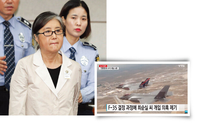 2017년 5월 23일 서울중앙지방법원에서 열린 박근혜 전 대통령의 재판에 비선실세 최순실 씨가 출석하고 있다(왼쪽). 2016~2017년 FX사업에 최순실 씨 등이 개입했다는 의혹을 보도한 방송 화면. [사진공동취재단, YTN 뉴스 캡처]