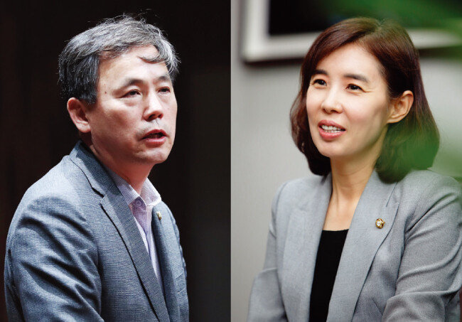 더불어민주당 비례대표 의원 가운데 자유한국당 텃밭에 도전장을 내민 두 의원. 내년 총선에 김현권 의원(왼쪽)은 경북 구미을, 박경미 의원은 서울 서초을 출마를 준비하고 있다. [박해윤 기자]
