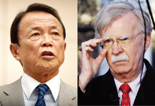 반중(反中)의 ‘가치관 외교’를 내놓아 아베 신조 일본 총리와 함께 인도태평양전략을 만드는 데 일조한 아소 다로 전 일본외상(왼쪽). 남중국해가 베이징의 호수가 되는 것을 좌시할 수 없다고 한 존 볼턴 미국 국가안전보장회의 보좌관. 그의 세계전략은 아베 총리의 인도태평양전략과 상통한다. [AP=뉴시스]