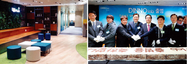 최근 우리은행은 스타트업 협력 프로그램 ‘디노랩’를 출범하면서 서울 영등포구 여의동에 디벨로퍼랩 공간을 마련했다(왼쪽). 4월 3일 최종구 금융위원장(오른쪽 사진 왼쪽에서 네 번째) 등이 참석한 가운데 디벨로퍼랩에서 디노랩 출범식이 열렸다. 