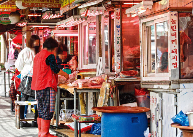 서울 금천구 독산동 우시장에는 여러 정육점이 밀집해 있어 시장 입구부터 악취가 진동했고, 도로는 미끌미끌해 정비가 시급해 보였다. [박해윤 기자]