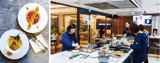 쿠첸 체험센터 서래마을점에서 쿠킹 클래스를 수강하는 사람들의 모습(오른쪽). 이 날 배운 딸기 가스파초, 관자 오렌지 버터 블랑 소스와 아스파라거스 가니쉬. 