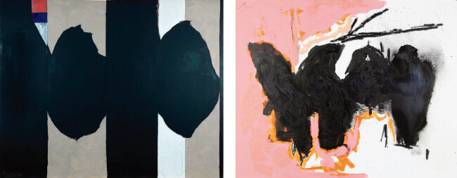 ‘스페인 공화국에의 비가 130번’, 1974-1975, 캔버스 위에 아크릴, 243.8×304.8cm (왼쪽) ‘스페인 공화국에의 비가 163번’, 1979–1982, 합판 위에 아크릴, 콩테, 크레용, 59.1×74.3cm