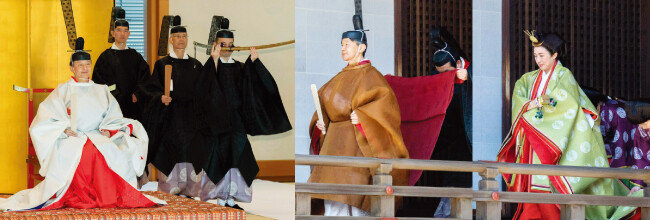 전통의상을 입은 나루히토 일왕이 5월 8일 일본 도쿄 고쿄의 옛 일왕들 묘 앞에서 즉위를 고하는 의식을 치르고 있다(왼쪽). 이날 고쿄의 규츄산덴(宮中三殿)에 즉위를 고하러 가는  나루히토 일왕과 마사코 왕비. [AP=뉴시스]