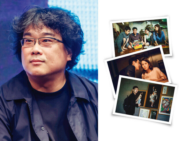 4월 22일 영화 ‘기생충’ 제작보고회에 참석한 봉준호 감독(왼쪽)과 ‘기생충’ 스틸컷. [김진환 스포츠동아 기자]