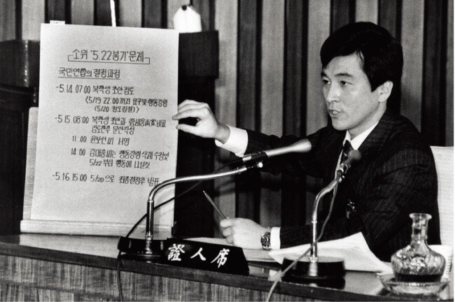 1988년 11월 30일 국회 광주특위 청문회에서 증언하는 심재철(전 서울대 총학생회장·현 자유한국당 의원) 씨. [동아일보]