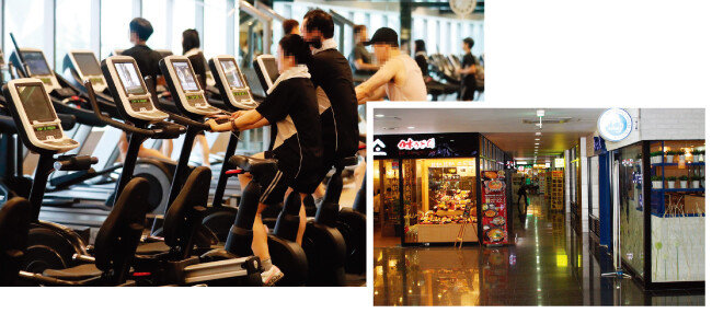 퇴근한 직장인들이 헬스클럽에서 운동을 하고 있다(왼쪽). 판교테크노밸리에서 영업 중인 가게들. [뉴시스, 동아DB]