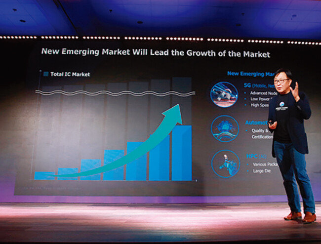 5월 24일 미국 캘리포니아에서 열린 ‘삼성 파운드리 포럼 2019’에서 정은승 삼성전자 파운드리사업부 사장이 프레젠테이션을 하고 있다. [사진 제공 ·삼성전자]